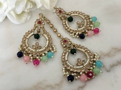 Multi-Colour Polki Earrings Tikka Set