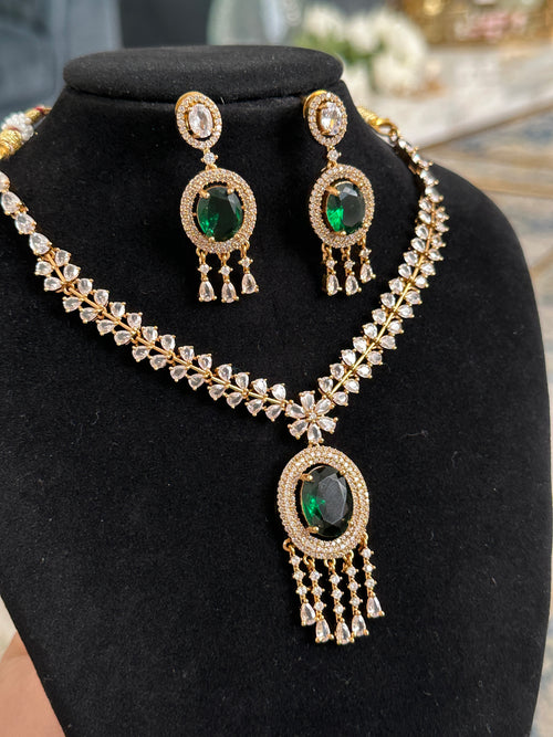 Emerald American Diamond Necklace Set