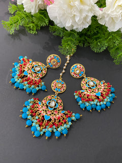 Blue and Red Meenakari Earrings Tikka Set