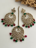 Red & Green Chandbali Polki Tikka Set