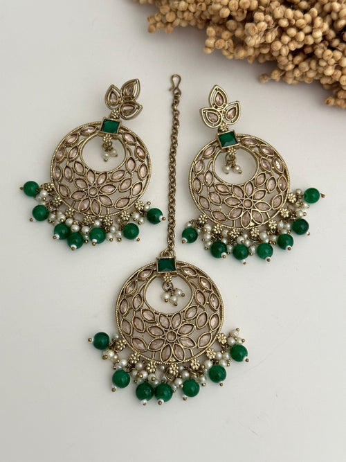 Green Chandbali Polki Tikka Set