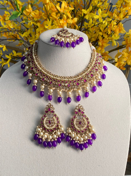 Wine Pink Polki Necklace Set